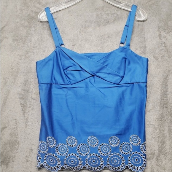 Ann Taylor LOFT Blouse Size 10 Blue Periwinkle Embroidered White Eyelet Circle - Picture 10 of 13